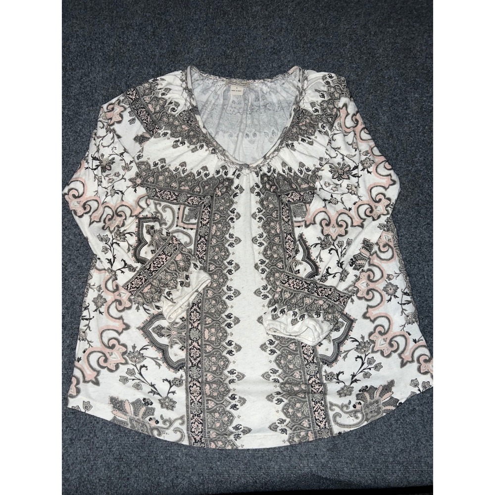 Lucky Brand Womens Small White Pink Grey Paisley Floral Peasant Top Long Sleeve